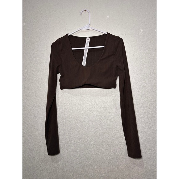 Alo Yoga Ribbed Long Sleeve Crop Top Brown V Neck Size M - Picture 3 of 8